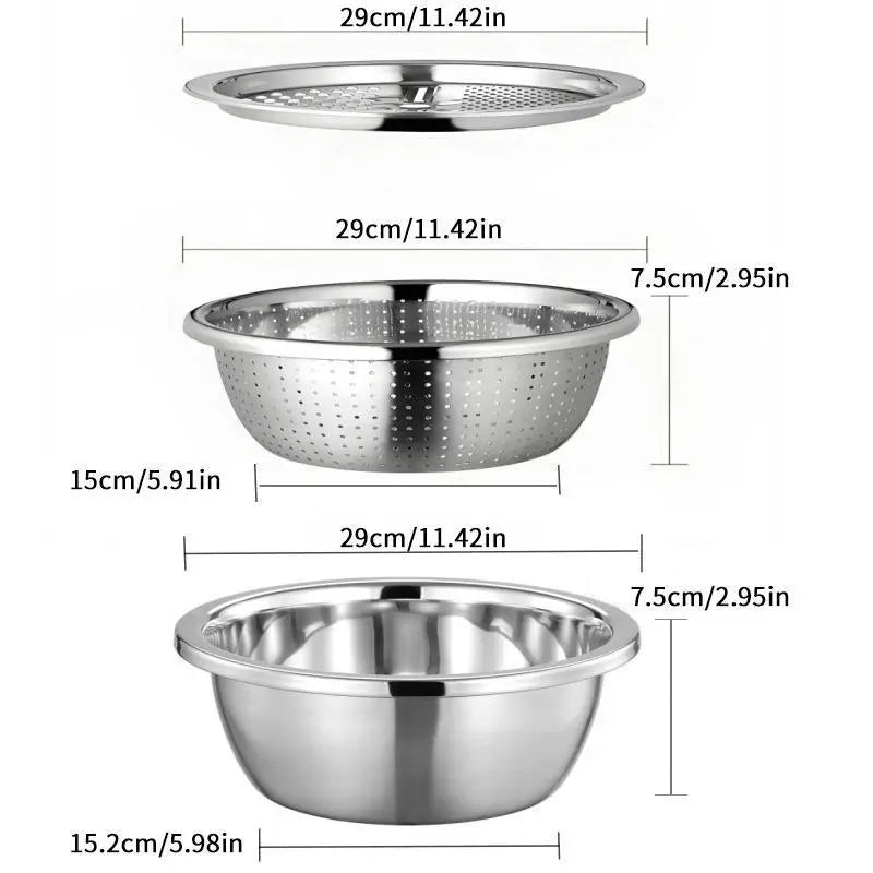 【Homeessentials】 Multifunctional Cutting Machine,3-In-1 Stainless Steel Multi-Functional Strainer Set, Includes Basin/Sieve/Cutter, Ideal for Washing Rice Fruits Vegetables Kitchen Essentials.