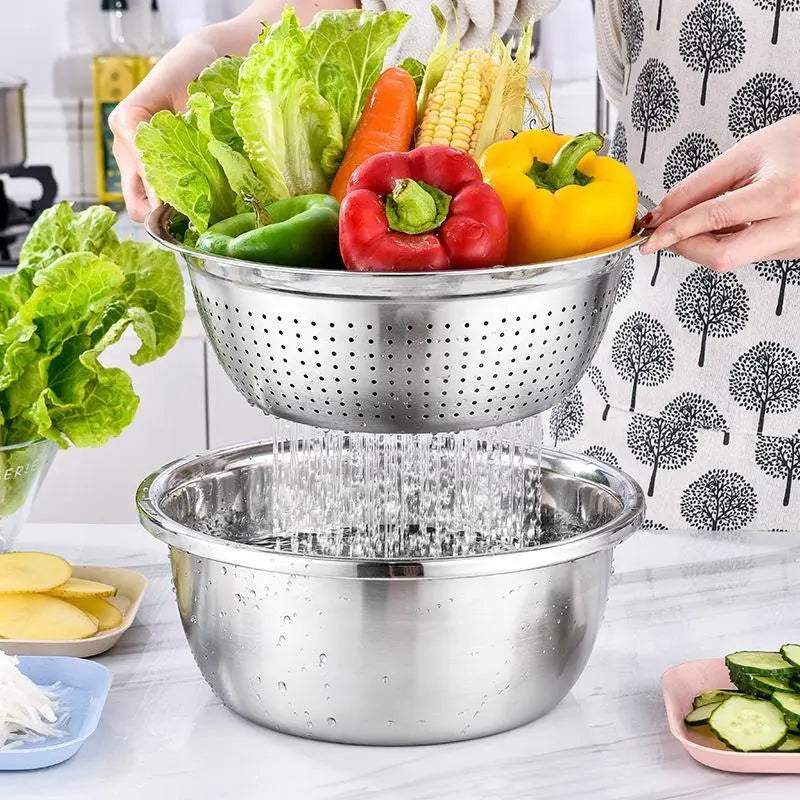 【Homeessentials】 Multifunctional Cutting Machine,3-In-1 Stainless Steel Multi-Functional Strainer Set, Includes Basin/Sieve/Cutter, Ideal for Washing Rice Fruits Vegetables Kitchen Essentials.