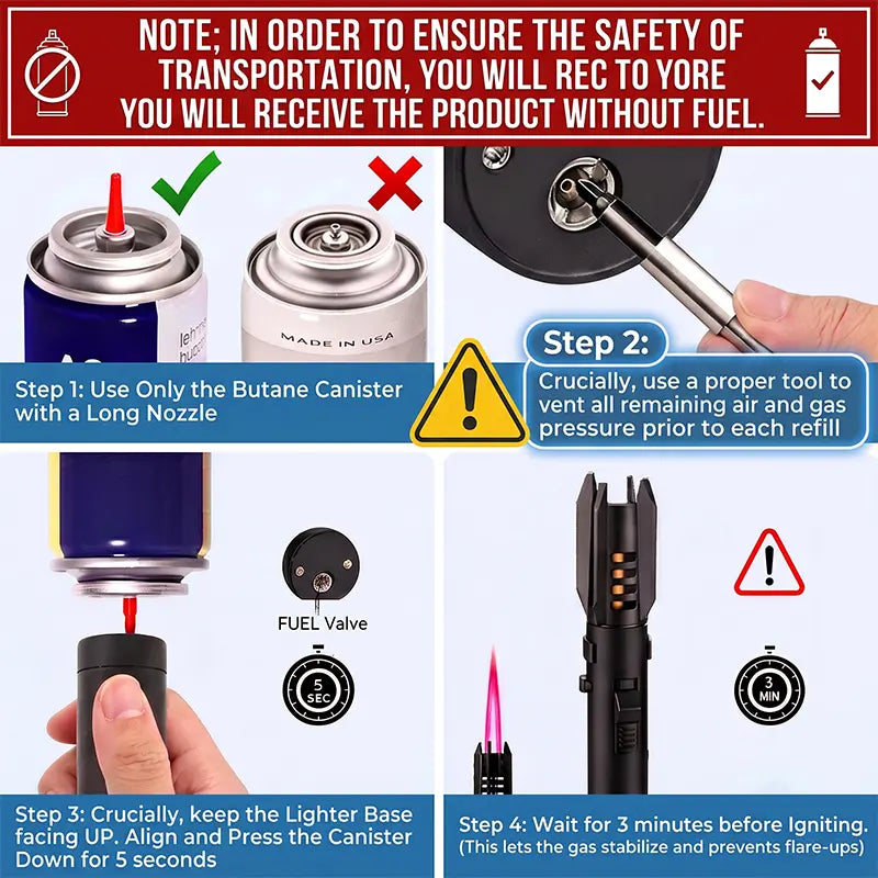 Windproof Jet Torch Lighter, Refillable Butane Gas Igniter with Adjustable Flame & Safety Lock for Candles Grill Outdoor (No Fuel)