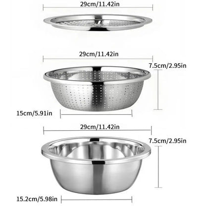 【Homeessentials】 Multifunctional Cutting Machine,3-In-1 Stainless Steel Multi-Functional Strainer Set, Includes Basin/Sieve/Cutter, Ideal for Washing Rice Fruits Vegetables Kitchen Essentials.