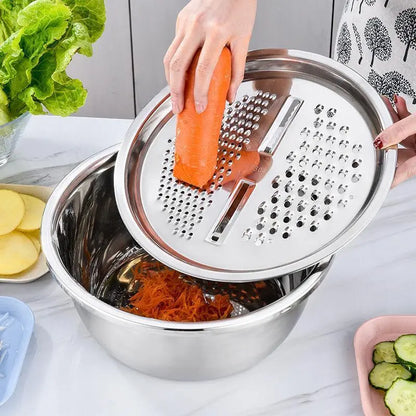 【Homeessentials】 Multifunctional Cutting Machine,3-In-1 Stainless Steel Multi-Functional Strainer Set, Includes Basin/Sieve/Cutter, Ideal for Washing Rice Fruits Vegetables Kitchen Essentials.