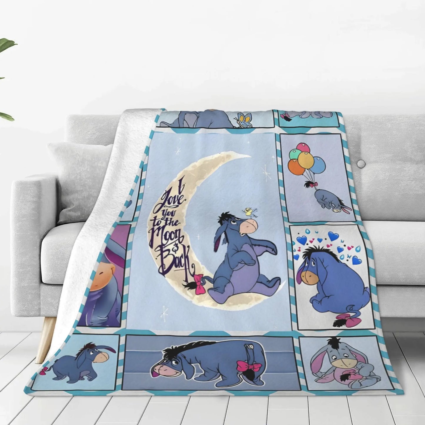 DISNEY CLASSIC Soft Flannel Throw Blanket Eeyore Winnie the Pooh Cartoon Grid Print Lightweight Cozy Fleece Blanket, I Love You to the Moon and Back Blue Donkey Pattern Warm Decor Blanket for Sofa Couch Bed Camping Kids Girls Women Birthday Holiday Gift