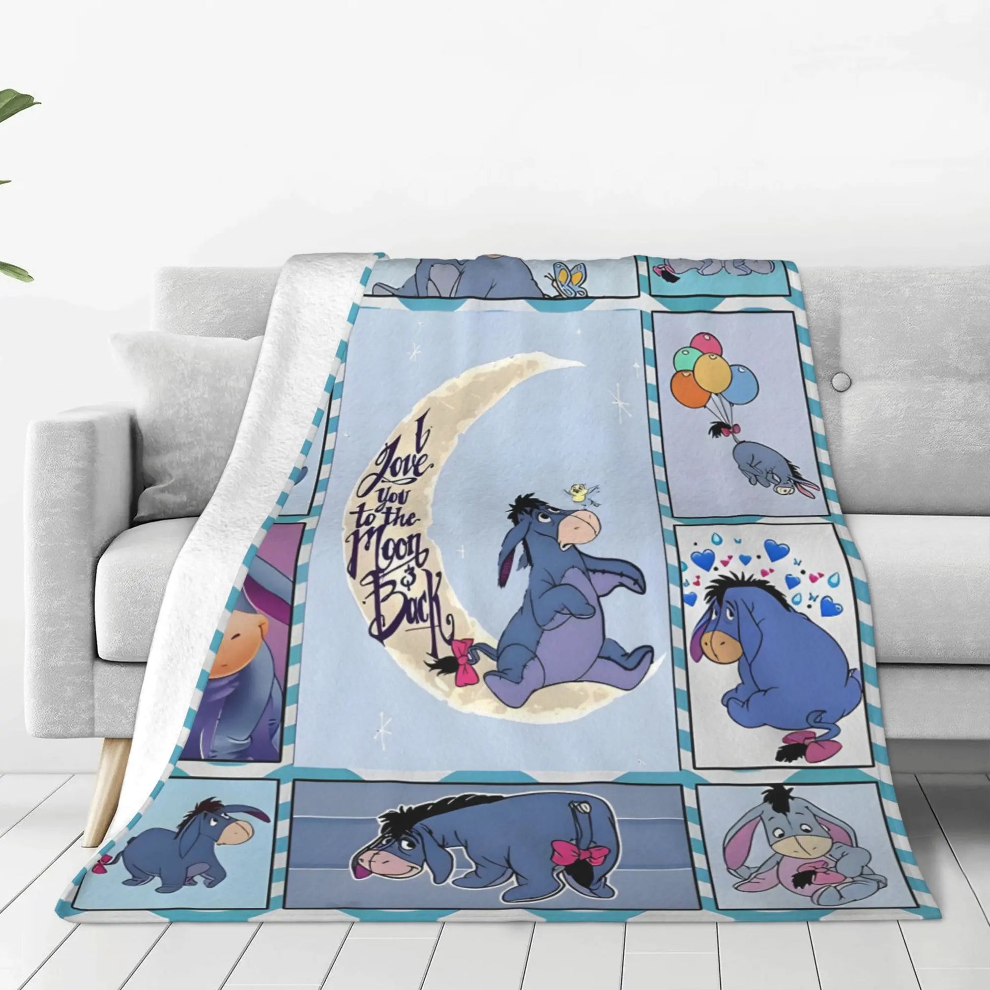DISNEY CLASSIC Soft Flannel Throw Blanket Eeyore Winnie the Pooh Cartoon Grid Print Lightweight Cozy Fleece Blanket, I Love You to the Moon and Back Blue Donkey Pattern Warm Decor Blanket for Sofa Couch Bed Camping Kids Girls Women Birthday Holiday Gift