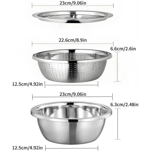 【Homeessentials】 Multifunctional Cutting Machine,3-In-1 Stainless Steel Multi-Functional Strainer Set, Includes Basin/Sieve/Cutter, Ideal for Washing Rice Fruits Vegetables Kitchen Essentials.