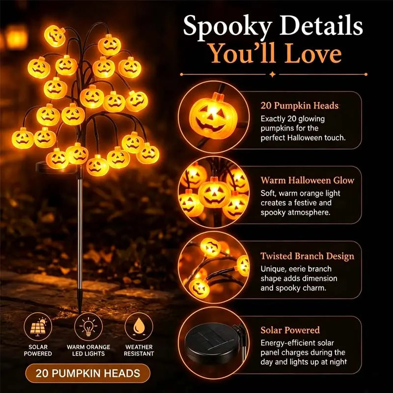 Solar Pumpkin Stake Lights, 20‑Head Halloween Garden Lights with 8Lighting Modes & Auto On/Off, Solar‑Operated Pumpkin Accent Lights, Festive Spooky Season Decor, Ideal for Yard Lawn Path, Fall Festival & Halloween Backyard Party Decors