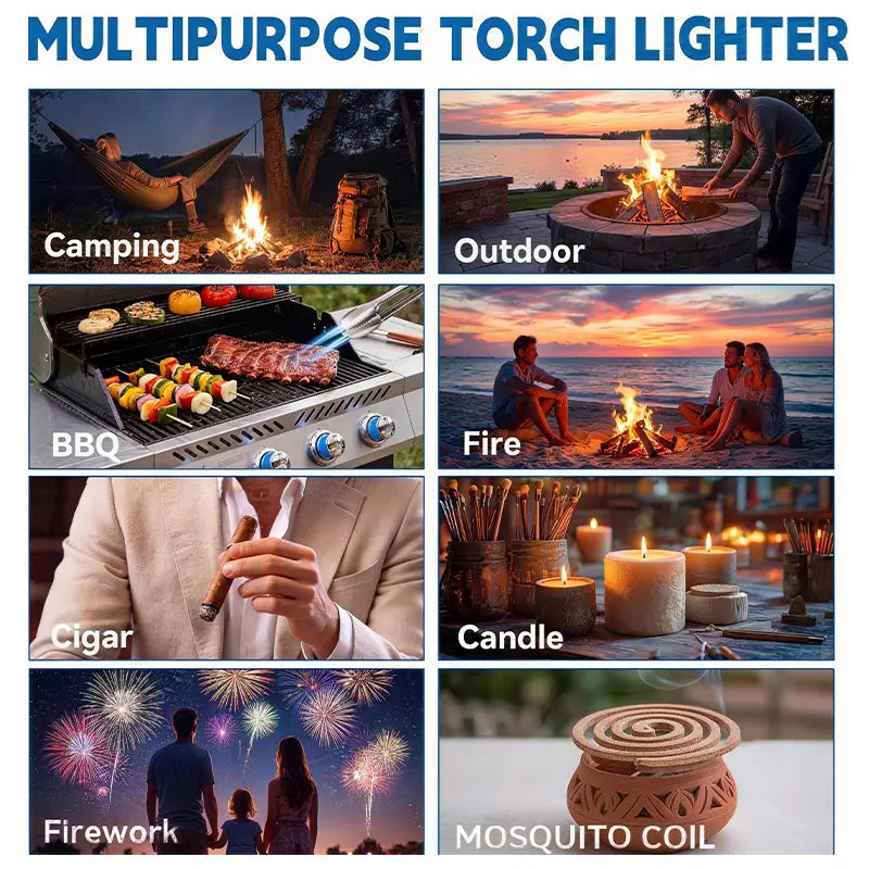 Windproof Jet Torch Lighter, Refillable Butane Gas Igniter with Adjustable Flame & Safety Lock for Candles Grill Outdoor (No Fuel)
