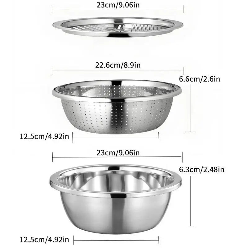 【Homeessentials】 Multifunctional Cutting Machine,3-In-1 Stainless Steel Multi-Functional Strainer Set, Includes Basin/Sieve/Cutter, Ideal for Washing Rice Fruits Vegetables Kitchen Essentials.