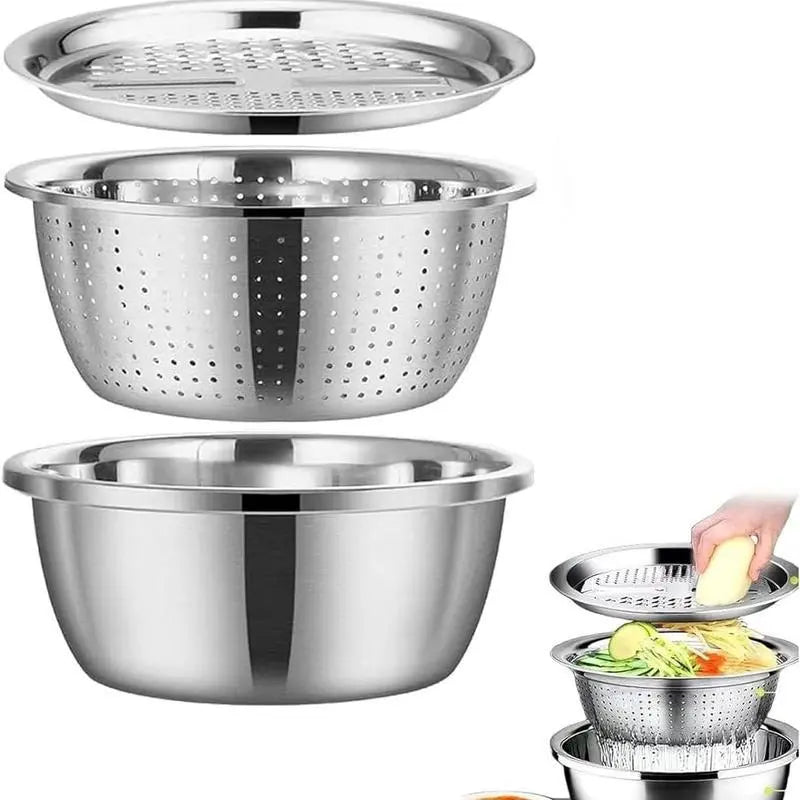 【Homeessentials】 Multifunctional Cutting Machine,3-In-1 Stainless Steel Multi-Functional Strainer Set, Includes Basin/Sieve/Cutter, Ideal for Washing Rice Fruits Vegetables Kitchen Essentials.