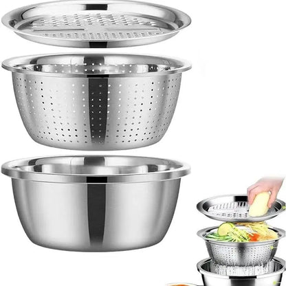 【Homeessentials】 Multifunctional Cutting Machine,3-In-1 Stainless Steel Multi-Functional Strainer Set, Includes Basin/Sieve/Cutter, Ideal for Washing Rice Fruits Vegetables Kitchen Essentials.