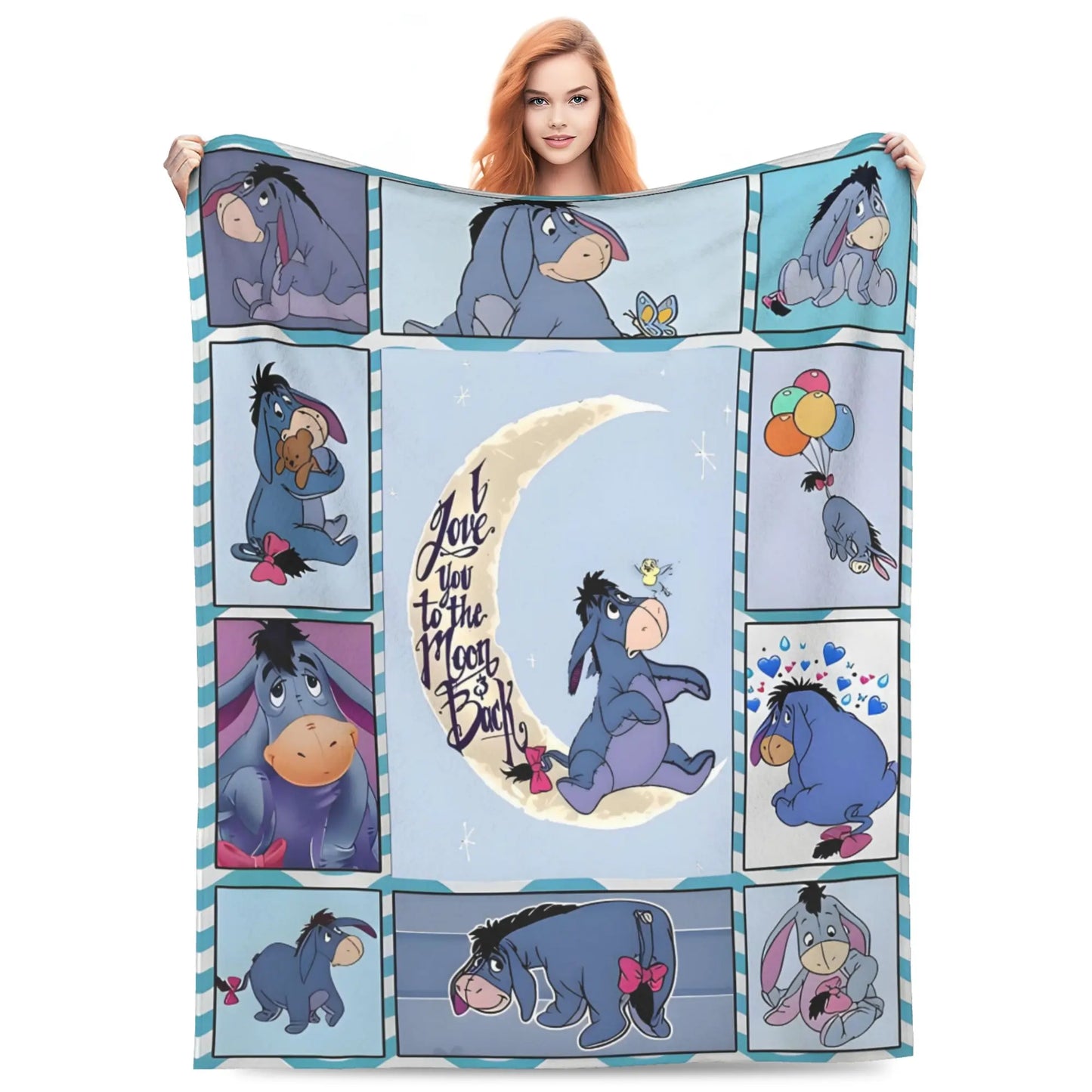 DISNEY CLASSIC Soft Flannel Throw Blanket Eeyore Winnie the Pooh Cartoon Grid Print Lightweight Cozy Fleece Blanket, I Love You to the Moon and Back Blue Donkey Pattern Warm Decor Blanket for Sofa Couch Bed Camping Kids Girls Women Birthday Holiday Gift